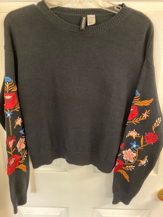 Divided Sweaters - Embroidered Floral Sleeve Black Crewneck Sweater
